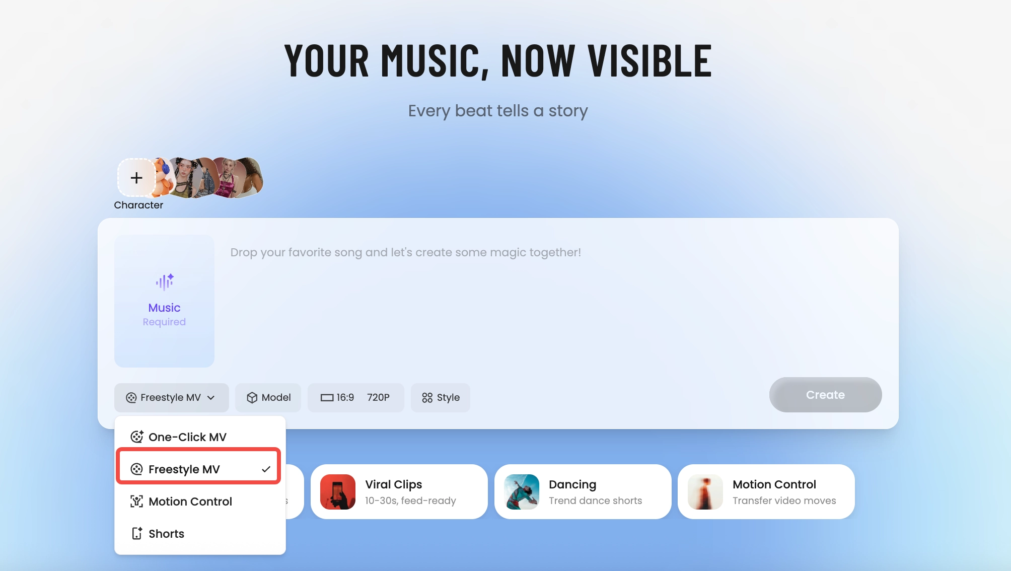 Tunee AI music video producer — pick One-Click MV, Freestyle MV, Motion Control, or Shorts